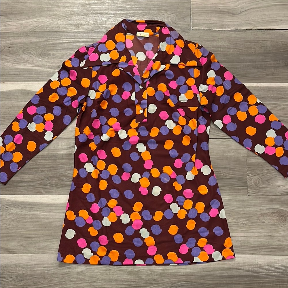 Vintage 70s Polka Dot Collared Long Sleeve Mini Dress